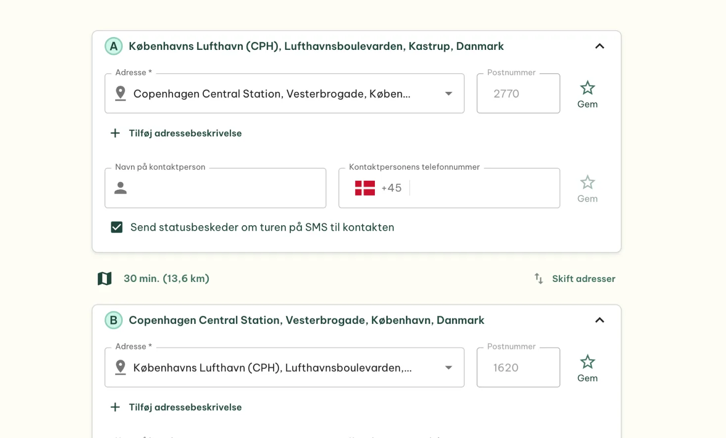 Gire bookingplatform, angiv afhentnings- og leveringsadresse