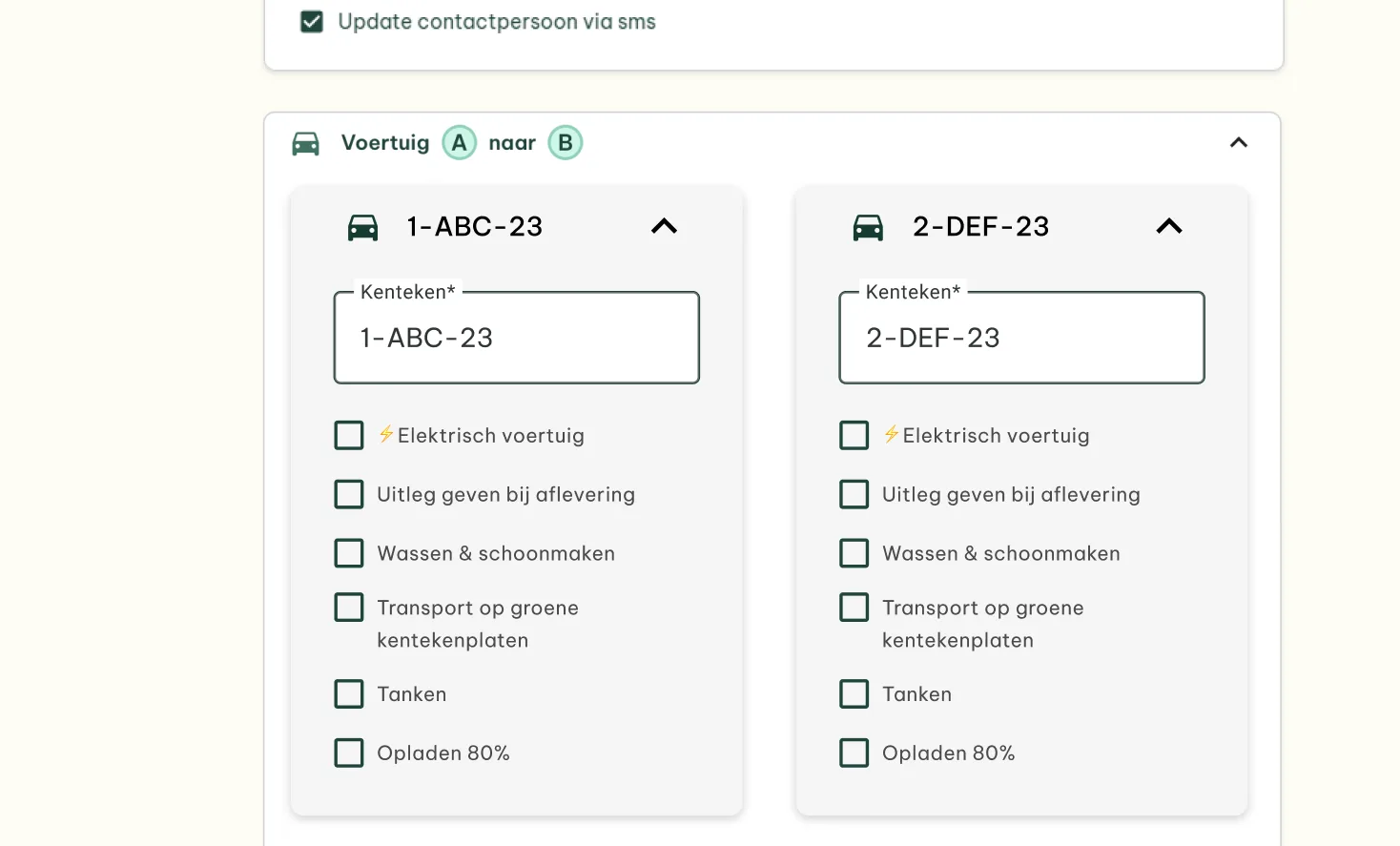 Gire voertuig toevoegen, kentekengegevens en extra opties