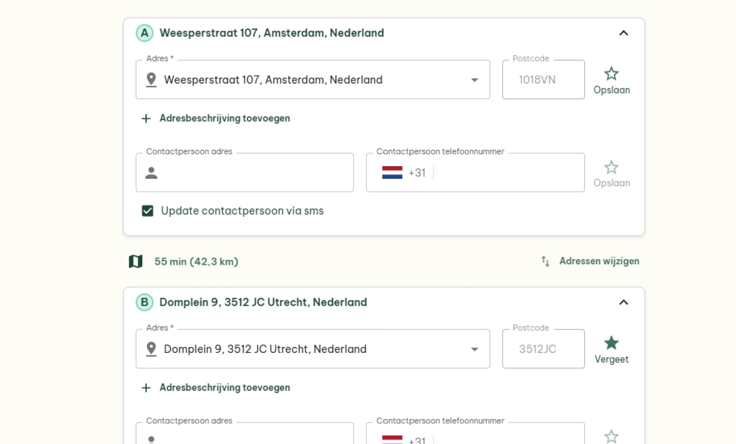 Gire boekingsformulier, voer ophaal- en afleveradres in voor Nederland