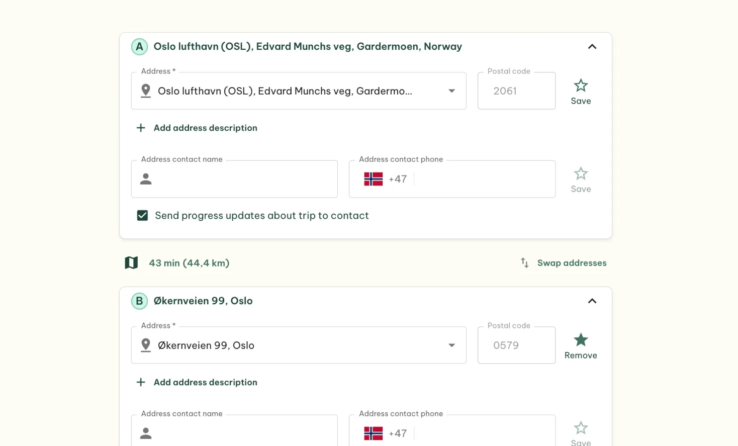 Gire bestillingsplattform, angi henteadresse og leveringsadresse