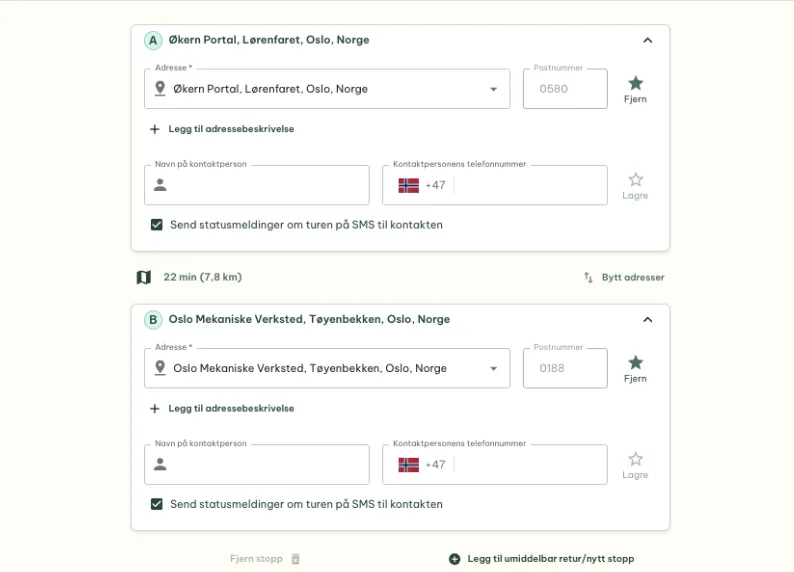 Gire booking platform, set pickup and delivery address