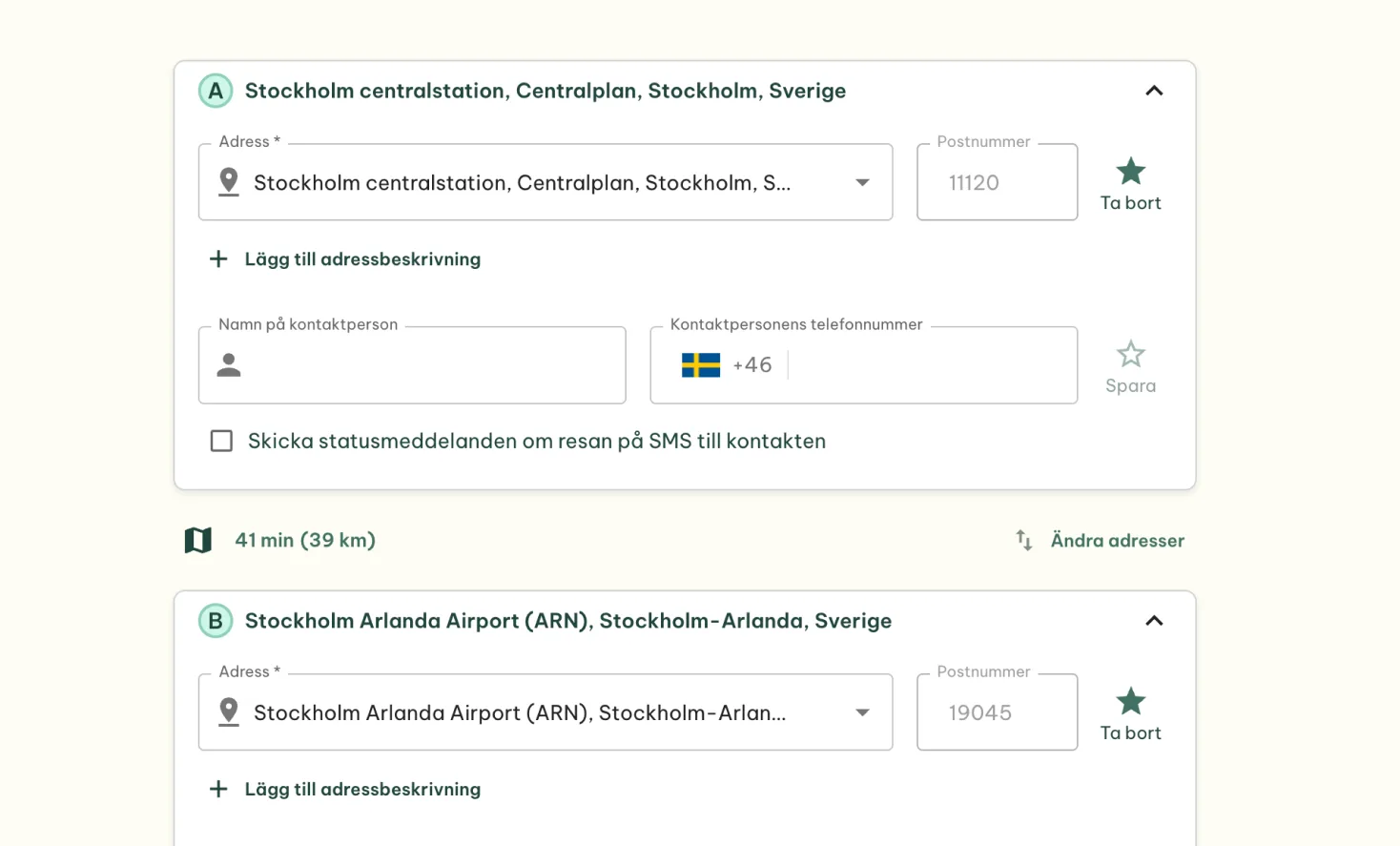 Gire bokningsplattform, ange upphämtnings- och leveransadress